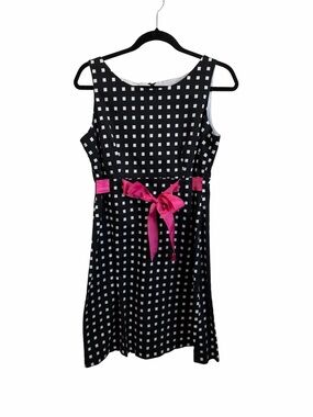 Kim Rogers Petite 14P Black & White Geometric Fit & Flare Dress with Pink bow